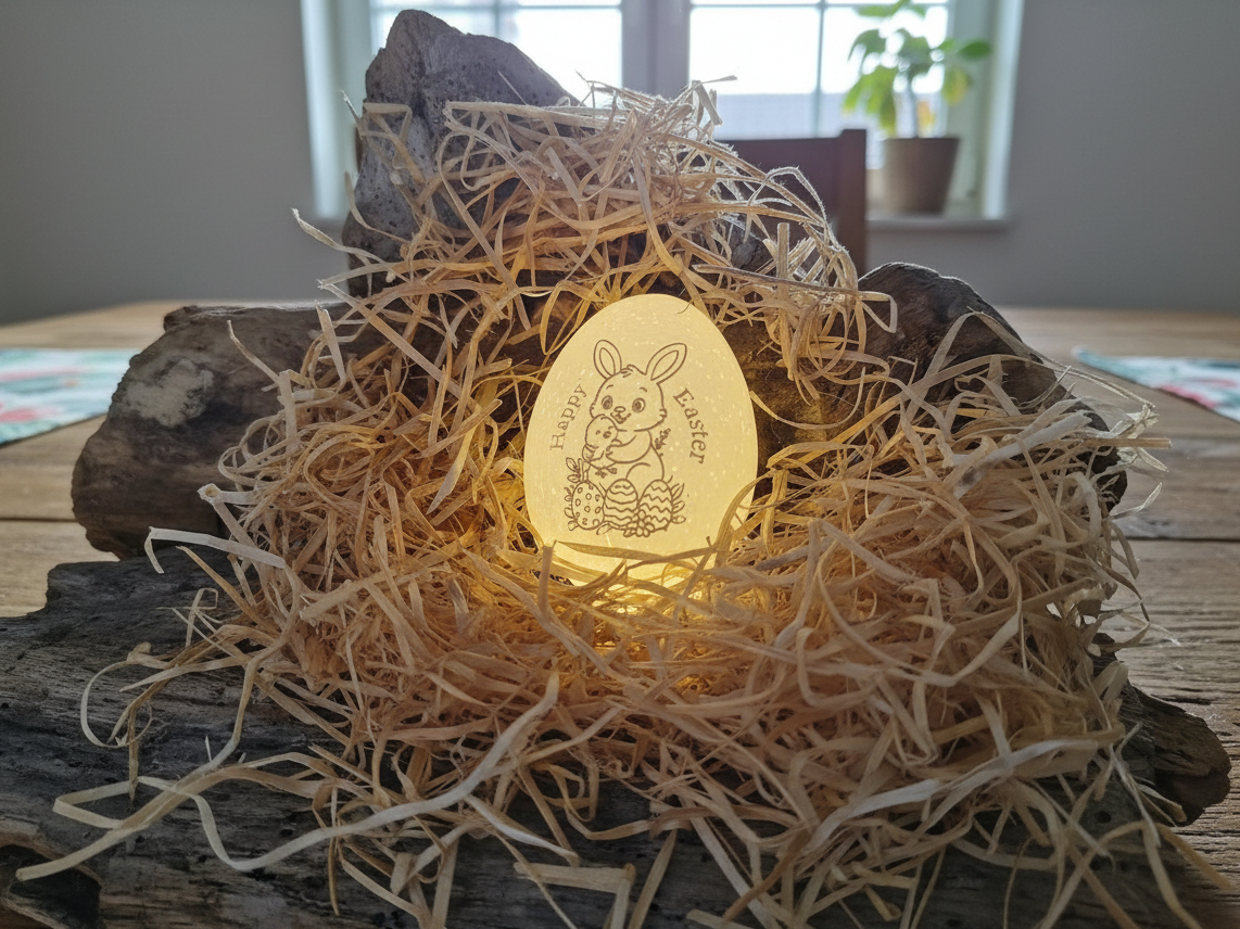 Laser engraved real Easter egg with LED light bunny and Happy Easter text