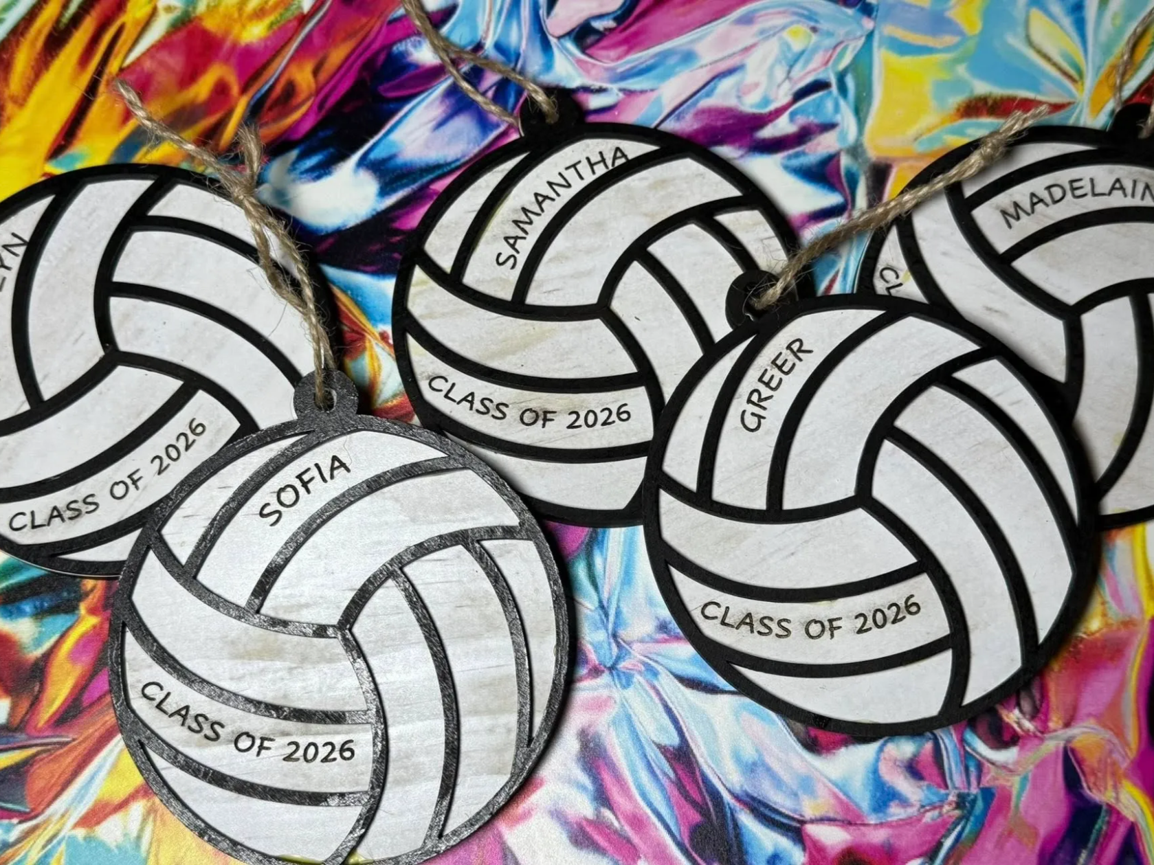 Laser Cut Volleyball Ornaments with Custom Names Class of 2026 personalized ornament design on Atomm