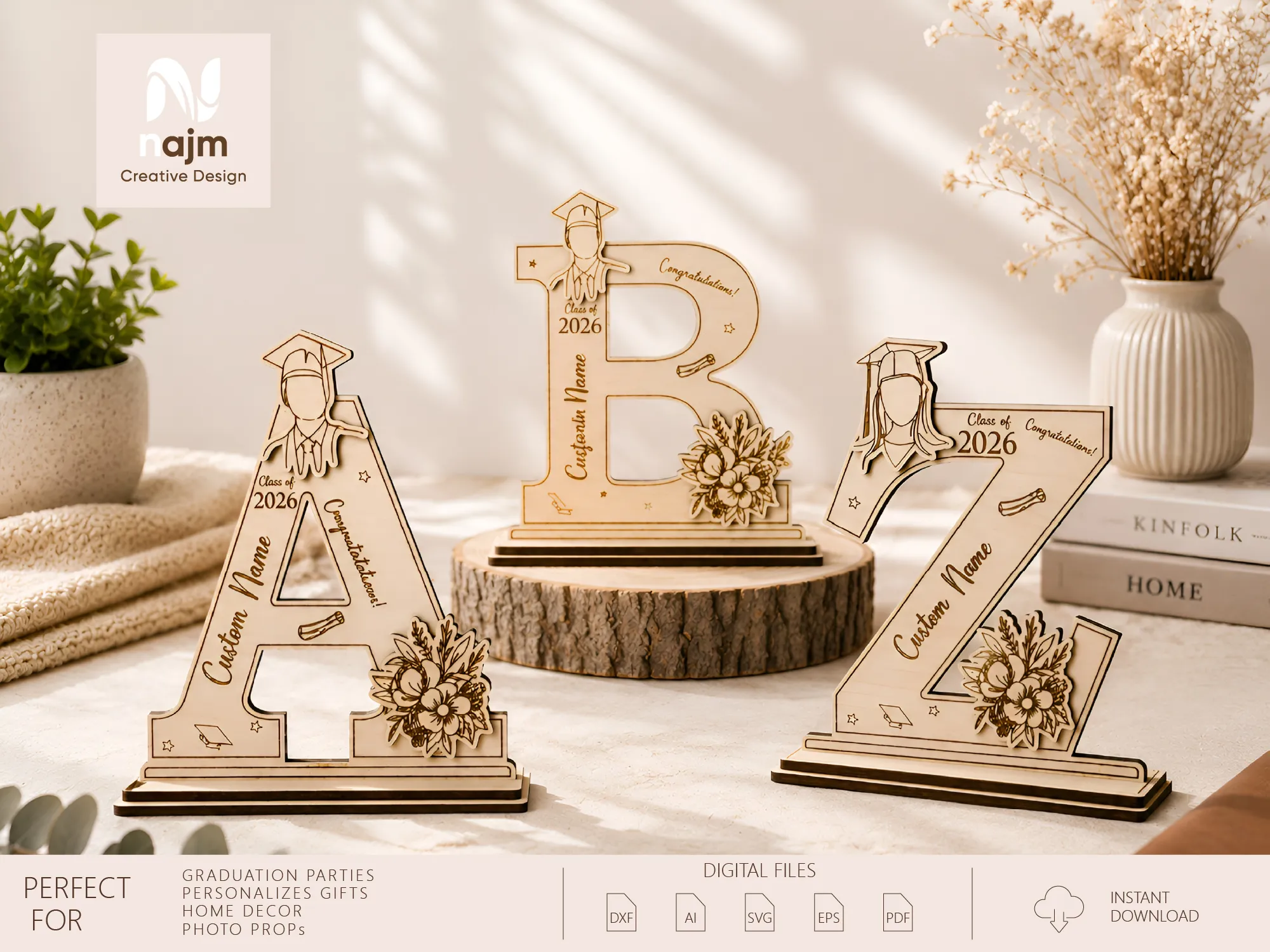 Graduation alphabet letter stand with cap and floral accents gift for her