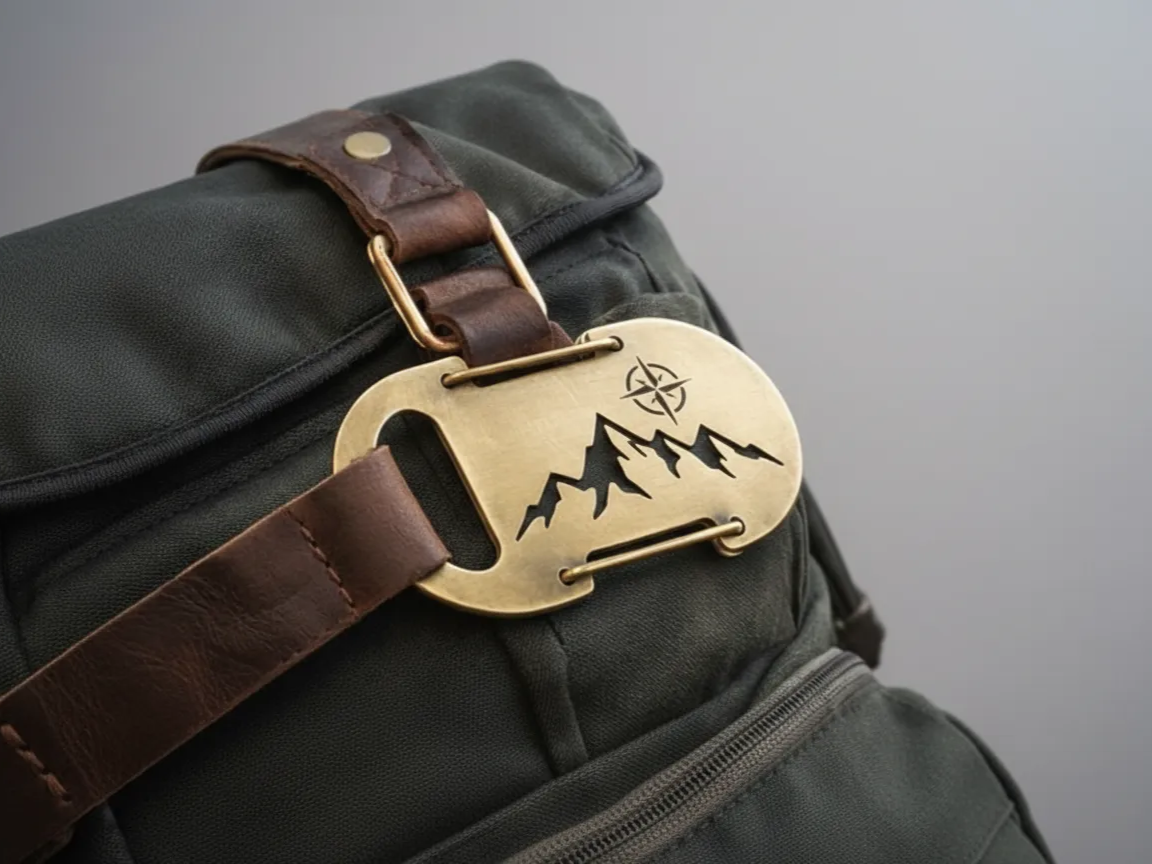 Lasergeschnittene Rucksack-Schnalle aus Messing mit Berg- und Kompass-Design