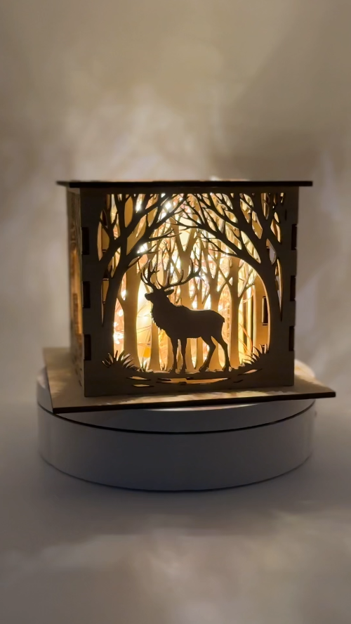 [Laser cut and engrave] 3D Multi Layer Laser Cut Wooden Light Box with Eagle, Moose, Elk and Racoon Forest Design 3MM