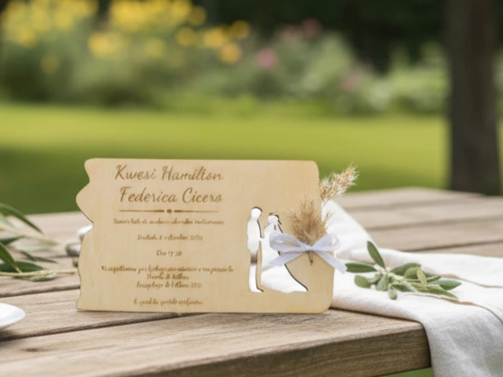Wooden Wedding Invitation with Bride and Groom Silhouette wedding gift design