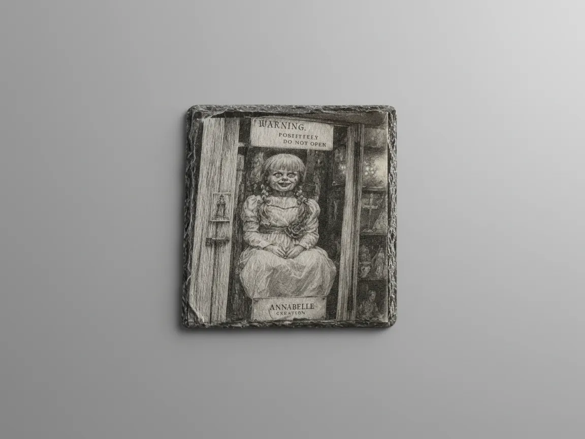 Annabelle horror doll warning sign engraved on slate coaster