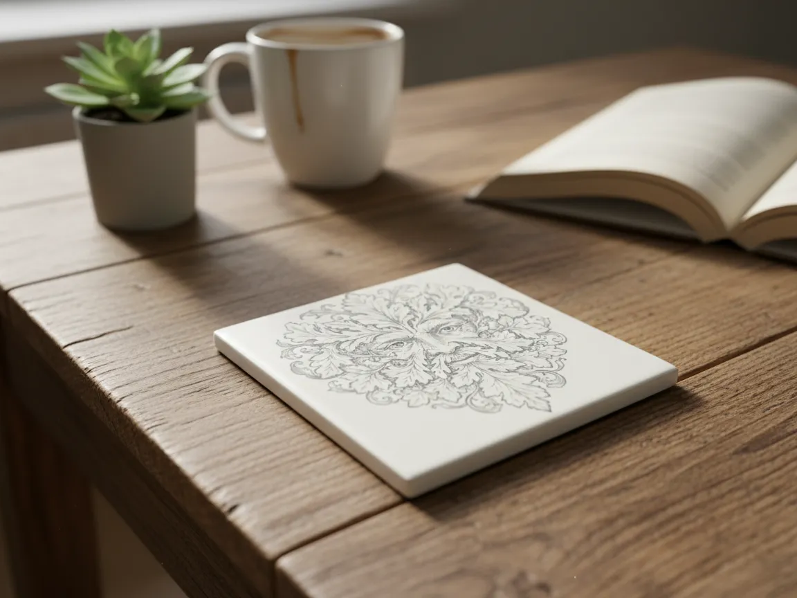 Ceramic square coaster engraved with a detailed Greenman illustration