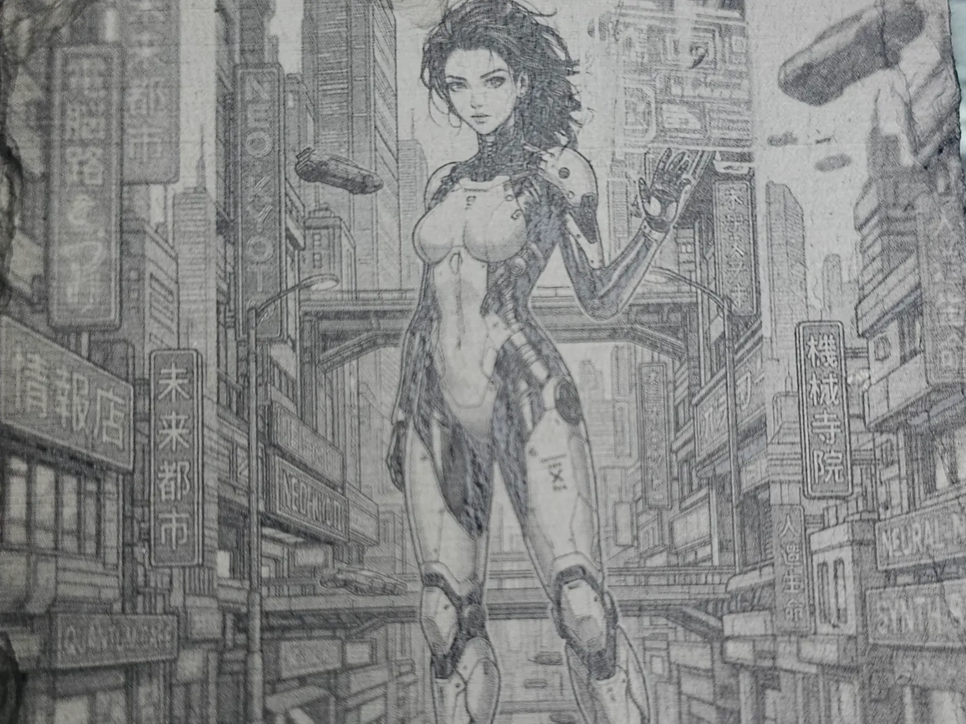 Cyberpunk cyborg character against a neon city skyline on coaster