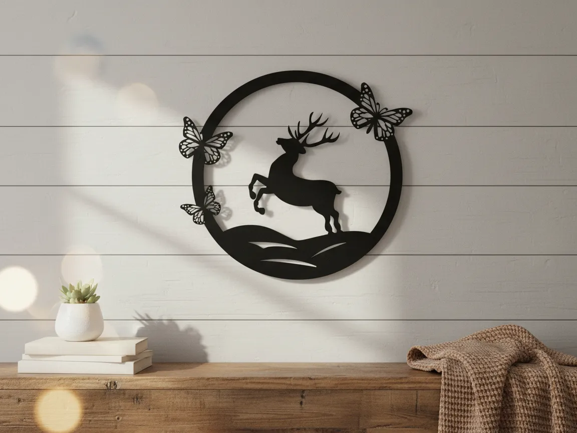 Laser Cut Metal Wall Art with Deer and Butterfly Design exterior metal wall art idea