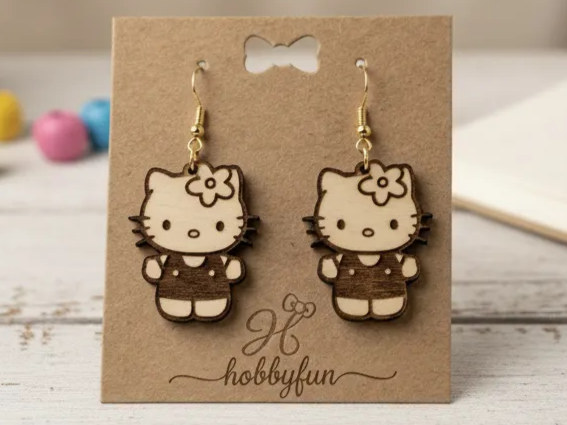 Wooden Hello Kitty character dangle earrings with flower detail gift idea