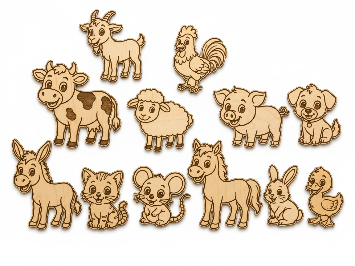Cute cartoon farm animal magnets in a large laser cut wooden set