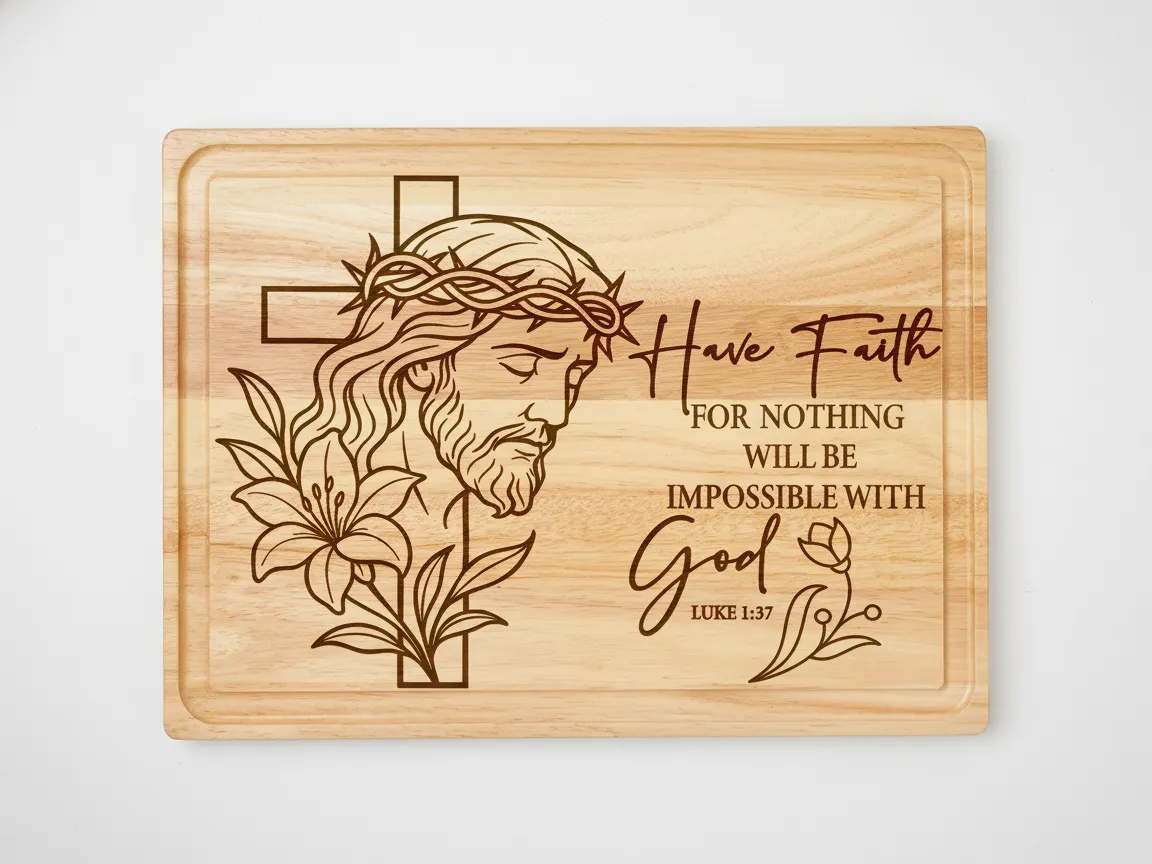 Wooden Cutting Board with Jesus and Luke 1:37 Bible Verse cutting board design