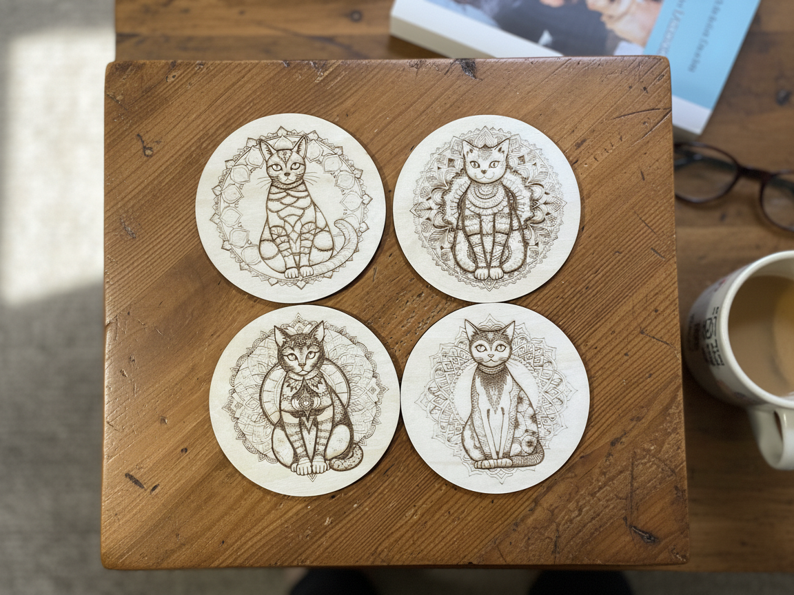 Set of four different cat coasters