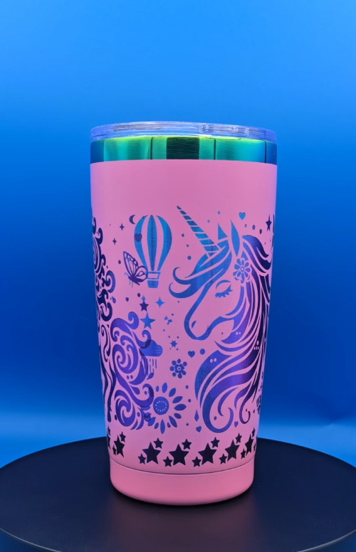 [Laser cut and engrave] Pink Tumbler with Laser Engraved Unicorn and Hot Air Balloon Design