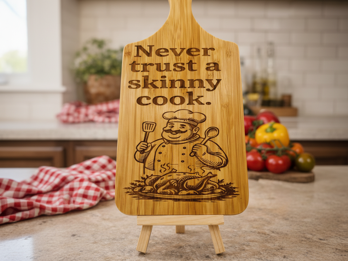 バンブーカッティングボード ユーモアキッチンサイン「Never Trust a Skinny Cook」のレーザーカットキッチンサインアイデア