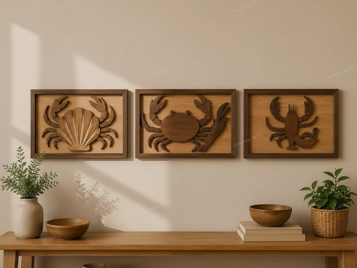 Set panel dinding kayu nautika pesisir dengan makhluk laut