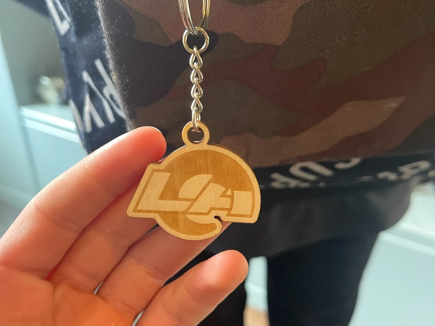 Wooden keychain with engraved LA rams logo custom logo keychain idea