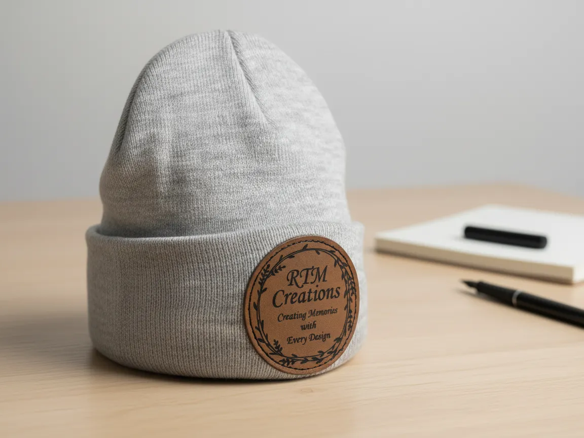 Gray knit beanie with a laser-engraved leather patch