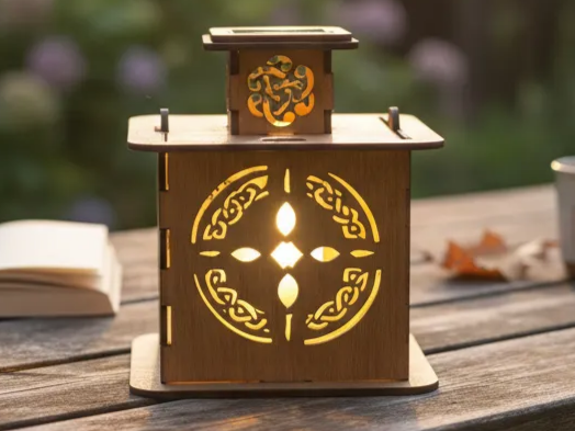 Wide wooden lantern with Celtic knot medallion cutout glowing on an outdoor table garden light idea