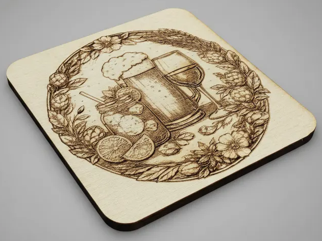 Square wooden coaster with floral and beverage-themed engraving
