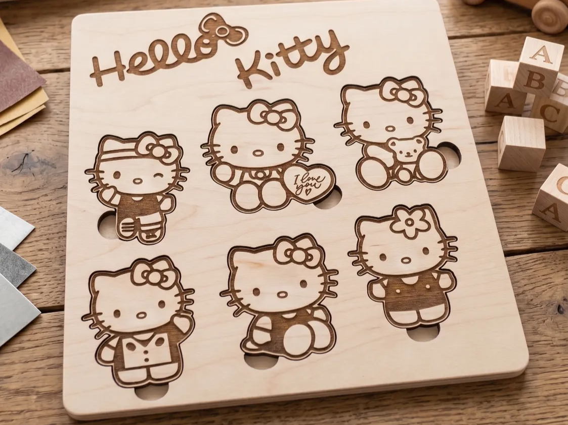 Wooden Hello Kitty puzzle board with six character cutouts gift idea