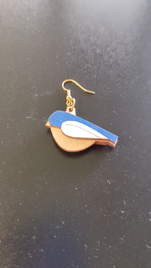 [Laser cut and engrave] Blue Bird Drop Earrings from layered 1.5mm plywood