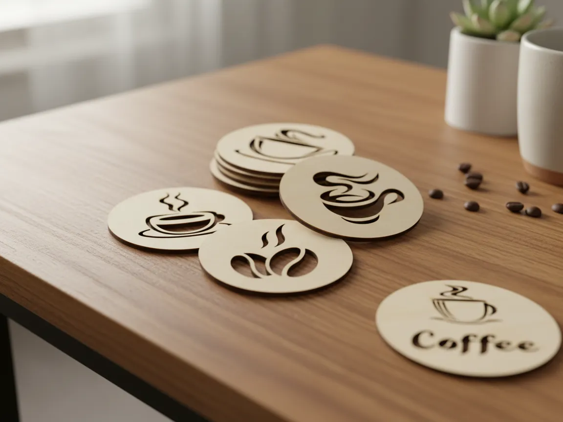Wooden coaster set featuring coffee cup and coffee bean engravings