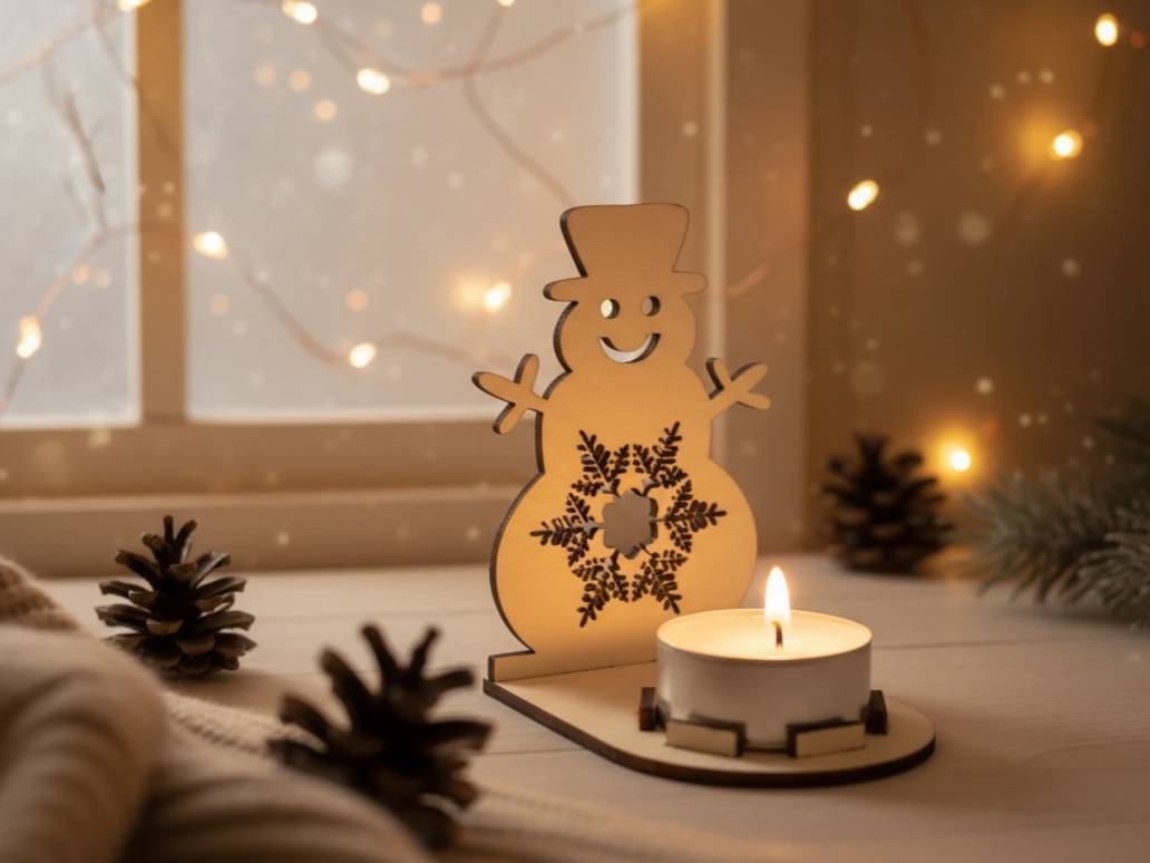 Snowman tealight stand with a cheerful cut snowman figure