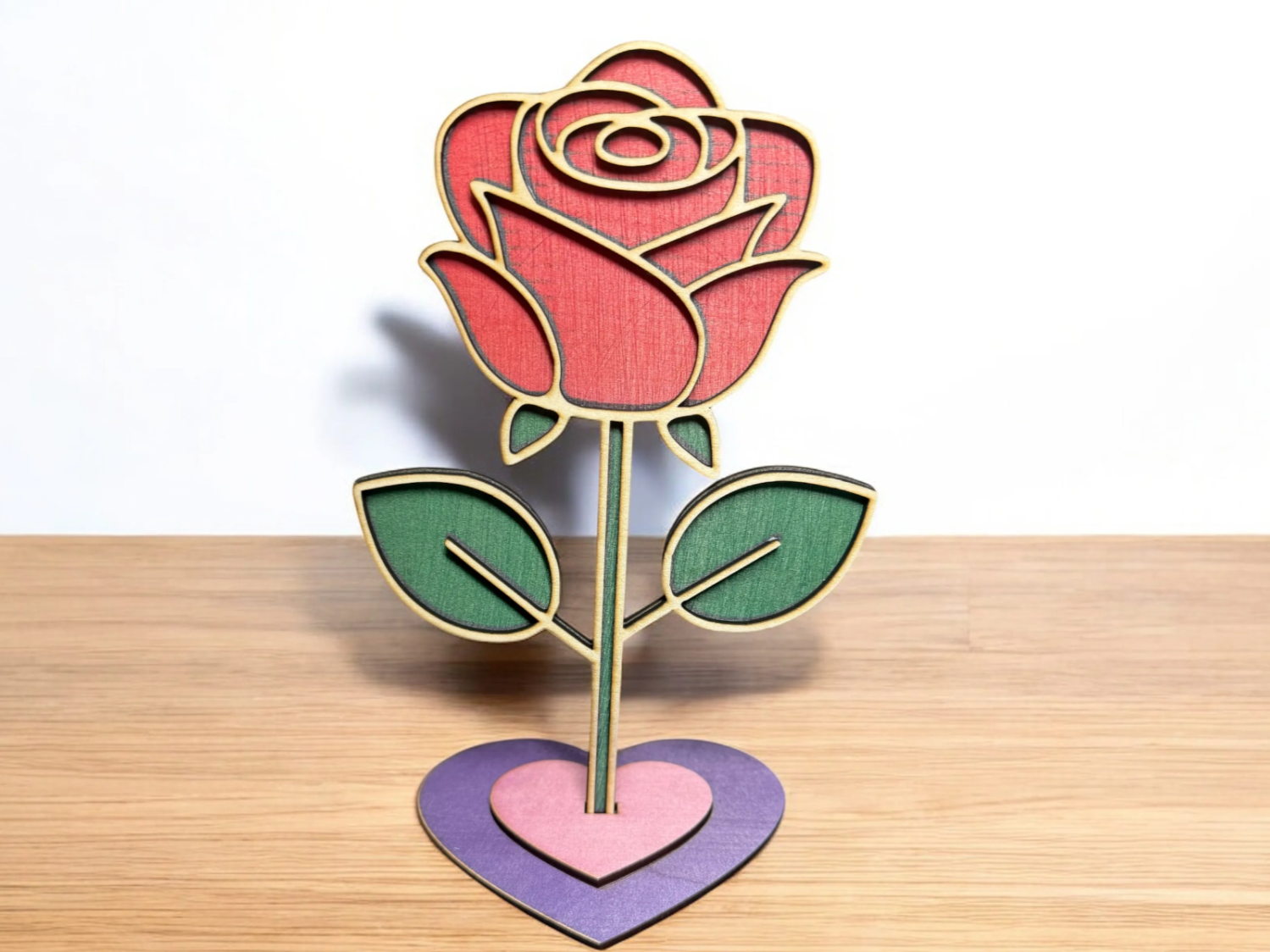 Double-Layered Wooden Rose with Heart Stand valentines day gift design