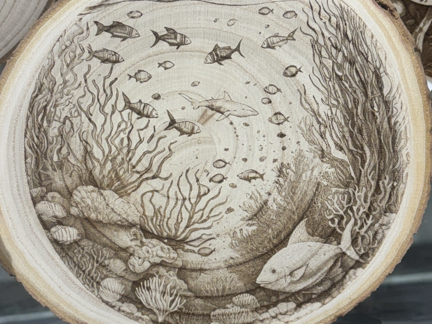 Detailed Ocean Scene Engraved on Wood Slice wood sign design