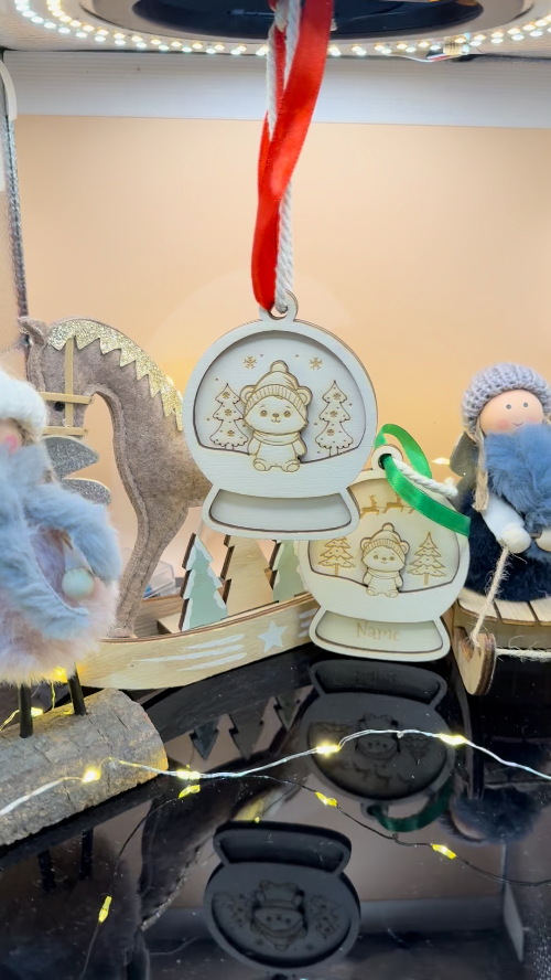 [Laser cut and engrave] Laser Cut Wooden Snow Globe Christmas Ornaments with Bear Design