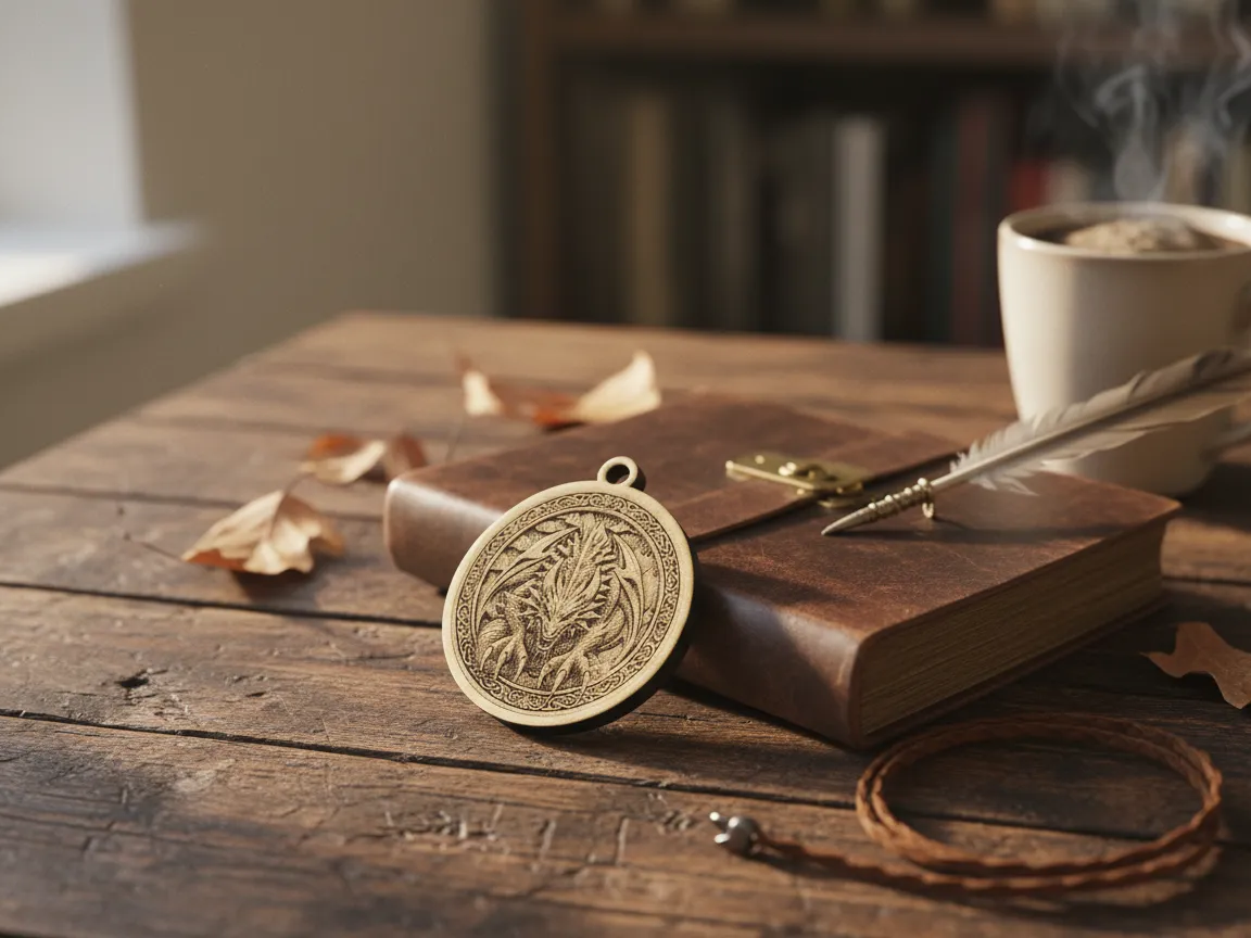 Circular Wooden Dragon Pendant with Intricate Celtic Knotwork Border design