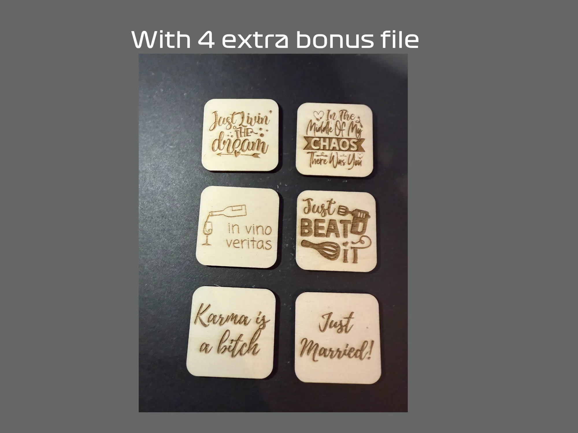 Wooden square coasters engraved with inspirational quotes