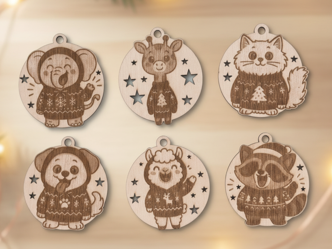 Wooden animal ornaments wearing engraved Christmas sweater patterns