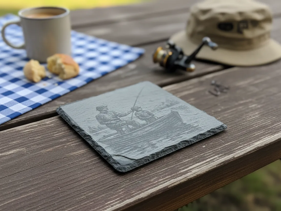 Square slate coaster featuring a fishing boat scene