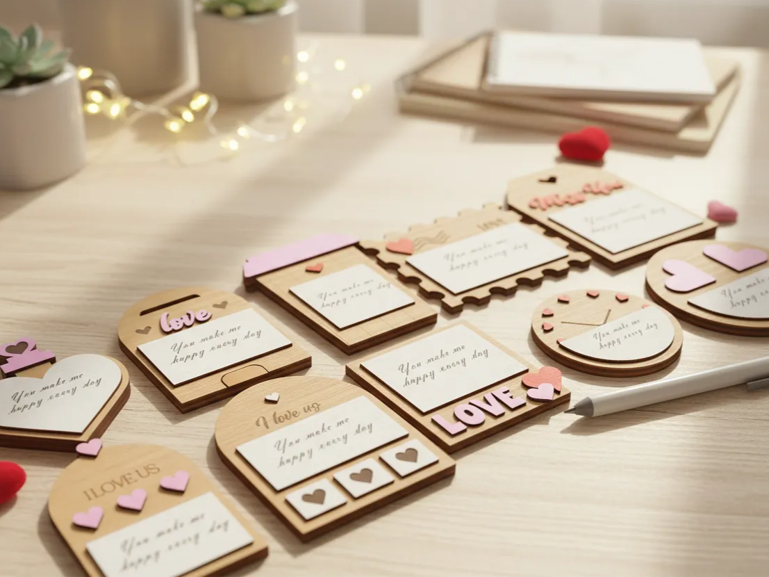 Wooden Design Love Notes with Heart Decorations and Messages Laser Cut ...