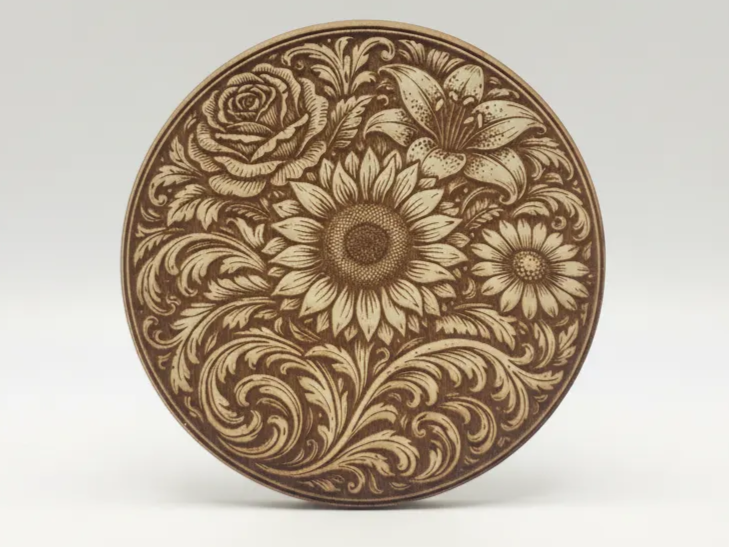 Runder Holzuntersetzer mit Sonnenblumen-Gravur
