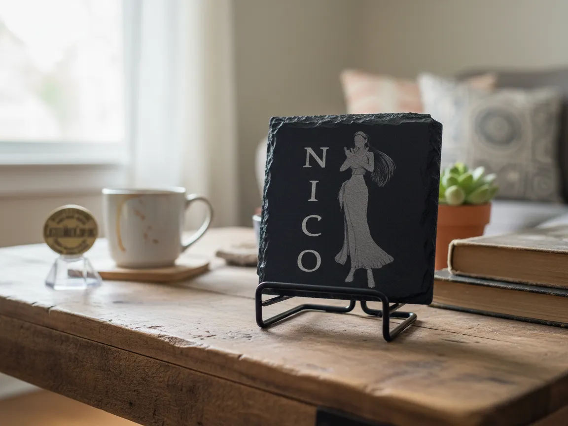 Black square slate coaster engraved with Nico Robin illustration and name gift idea