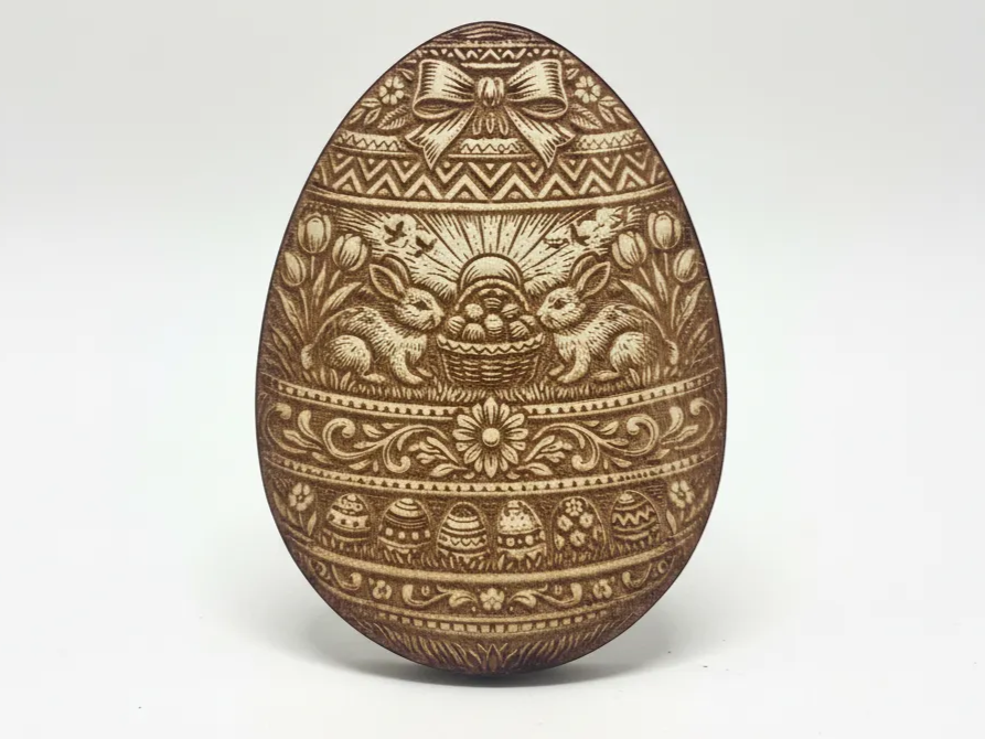 Laser engraved wooden Easter egg decoration with bunnies and floral patterns free SVG