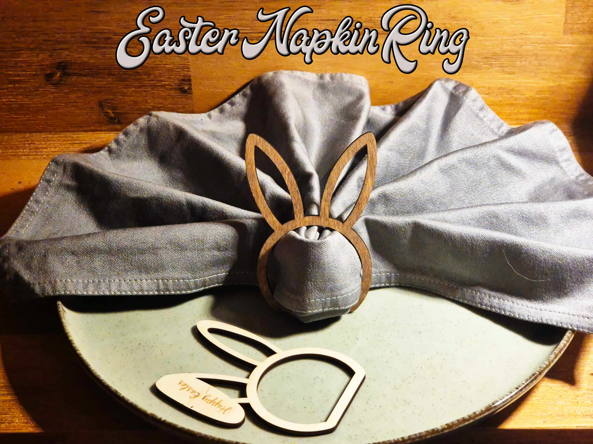 Cincin serbet Paskah dengan telinga kelinci desain cincin serbet laser cutting