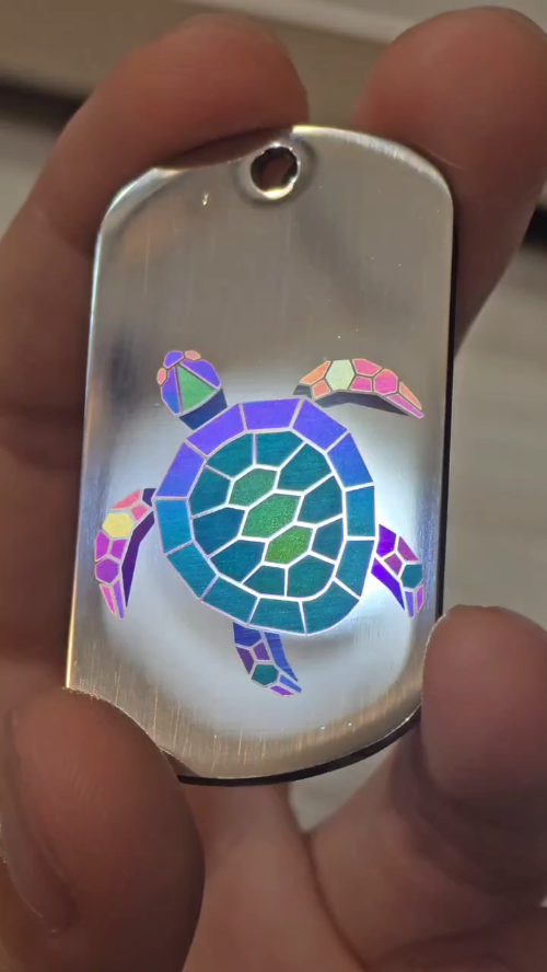 [Laser cut and engrave] Colorful geometric sea turtle on a metal dog tag #UV