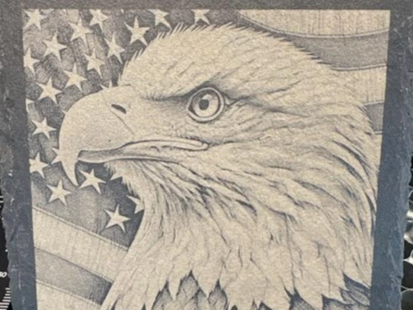 Laser engraved Bald Eagle and American Flag Slate Coaster — free patriotic laser/print project file on Atomm