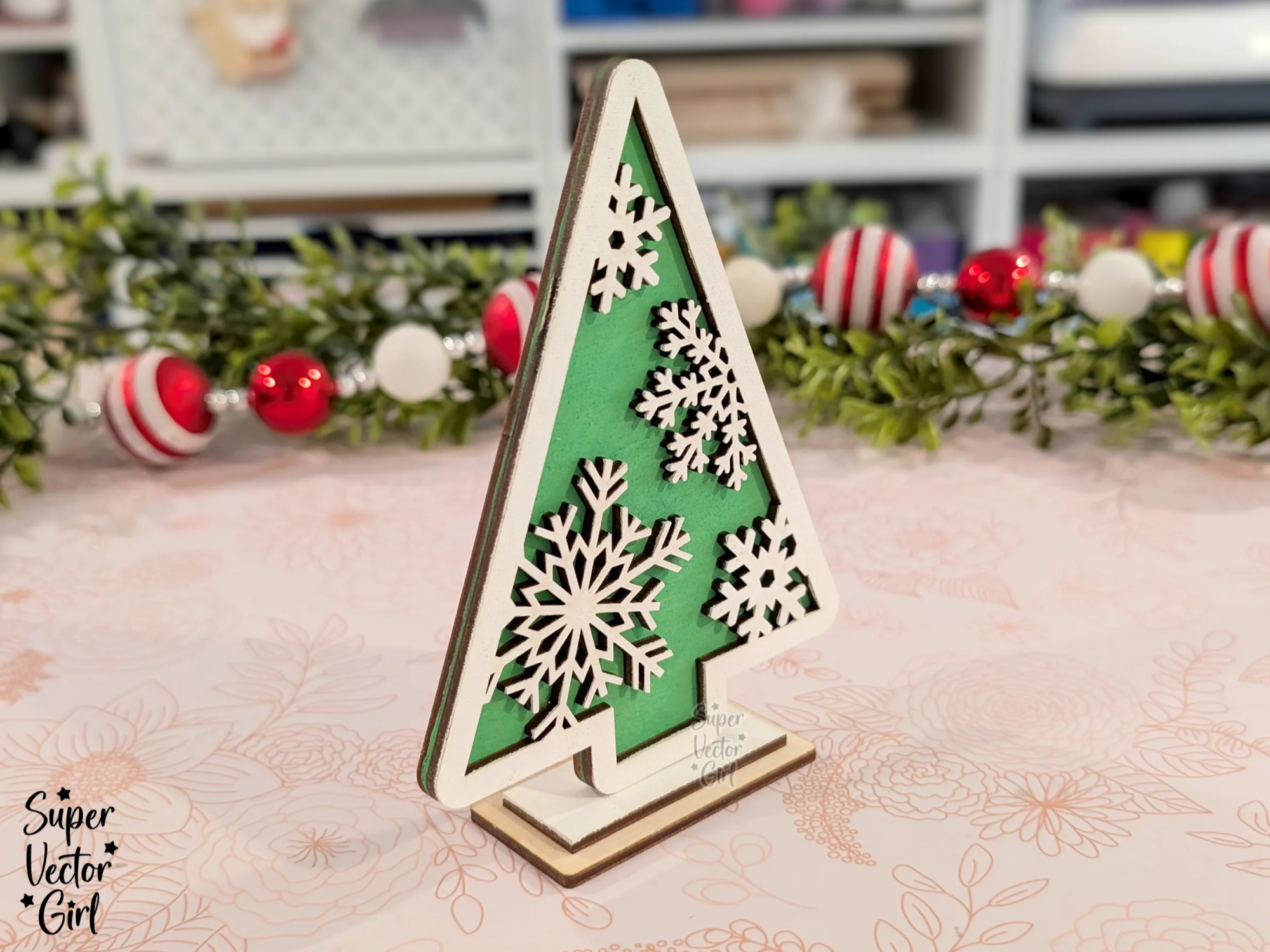 Snowflake Christmas Tree Shelf Sitter laser-cut design on a styled shelf