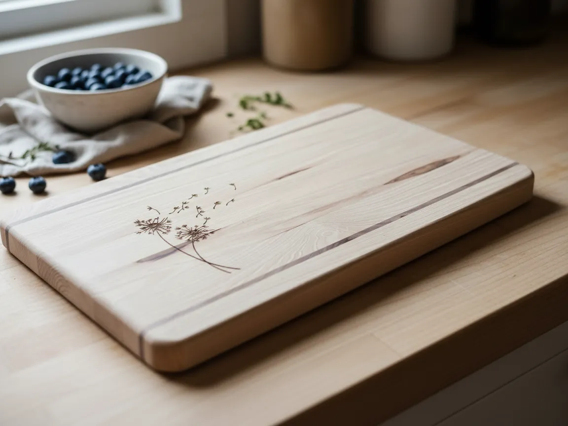 Wooden Cutting Board Featuring Dandelion Motif cutting board design