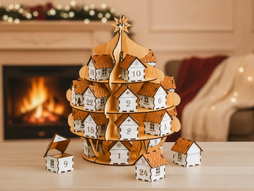 [Laser cut and engrave] Advent Calendar - 25 Houses - Christmas Tree Shape Design 🎄