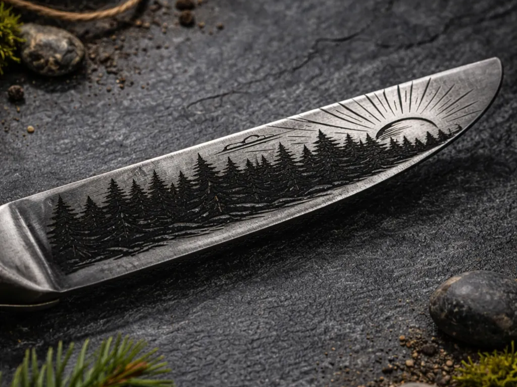 A stainless steel knife blade engraved with a mountain and forest scene