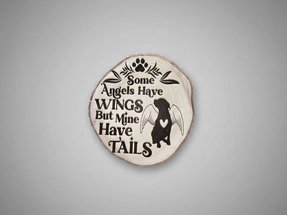 Wood slice ornament engraved as a pet memorial with wings
