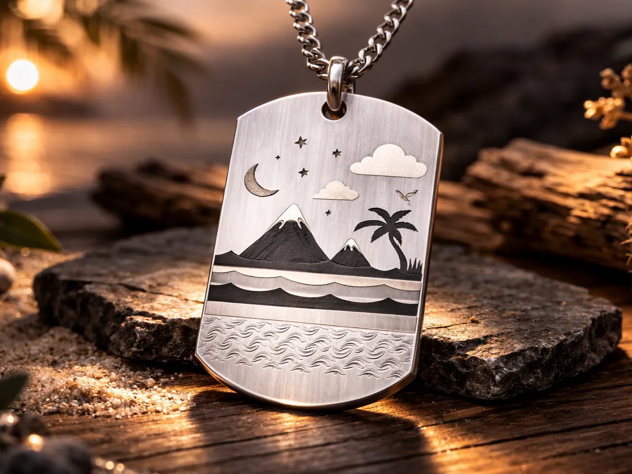 A stainless dog tag engraved with a beach, palm tree, and night-sky scene