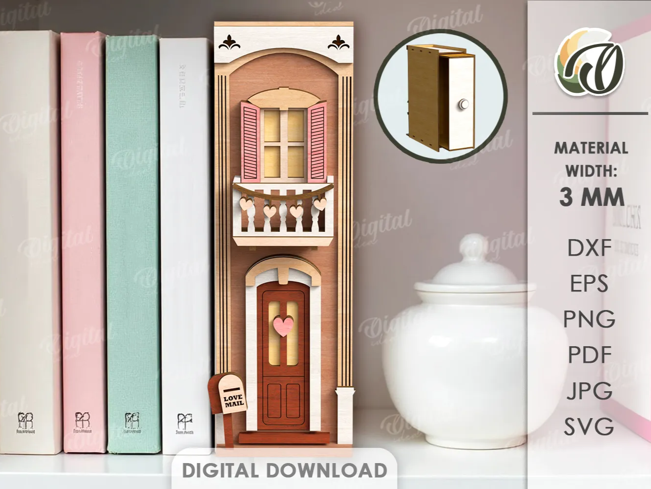 Fairy-tale balcony book nook 3D layered basswood shelf insert diorama with little door