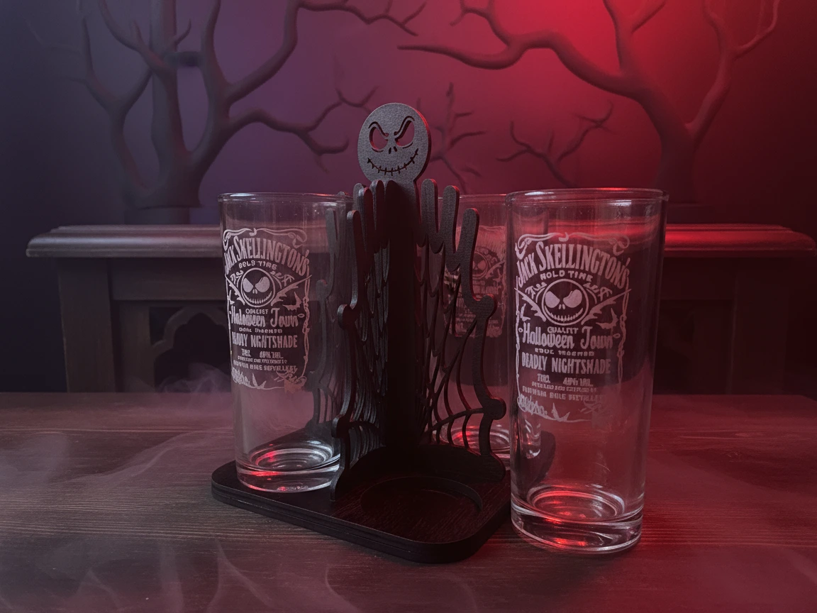 Pomysł dekoracji z szklankami i podstawką na tealighty Jack-o'-Lantern