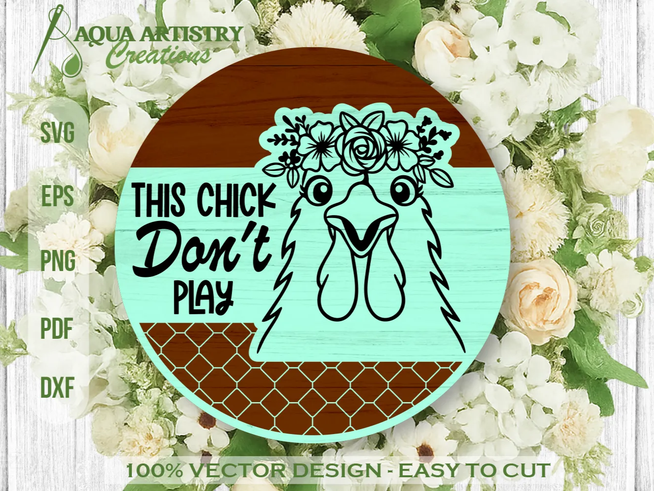 Round Chicken Sign With Floral Crown kitchen wall art and decor idea