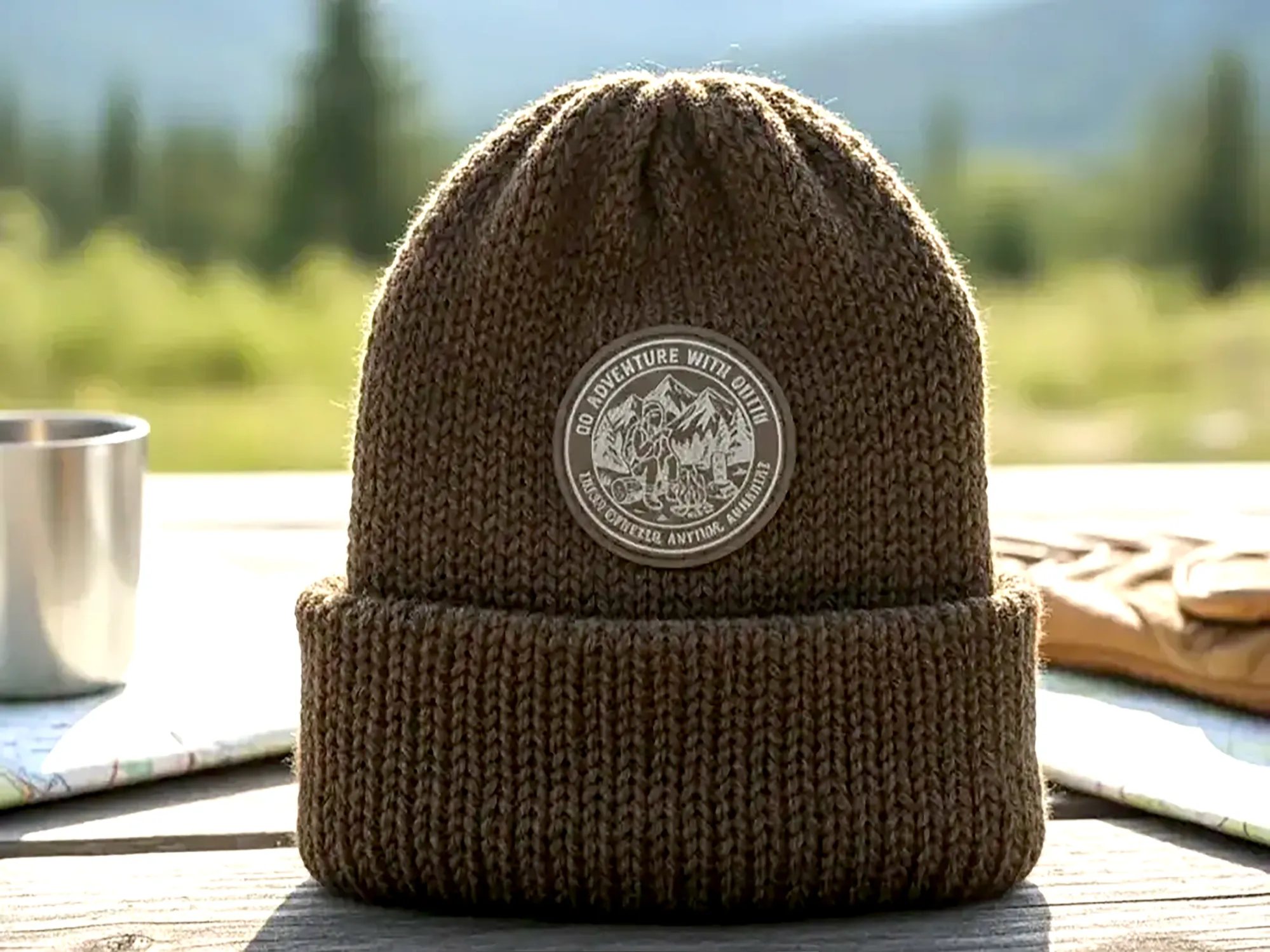 Beanie with a laser-engraved coffee adventure leather patch