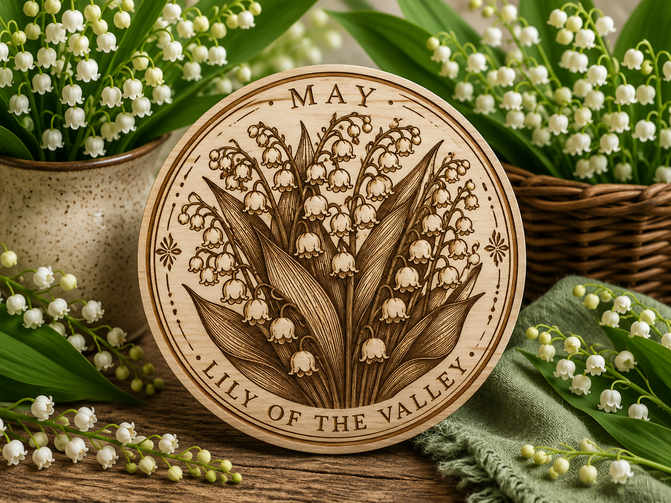 Laser cut coaster featuring May's birth flower, lily of the valley